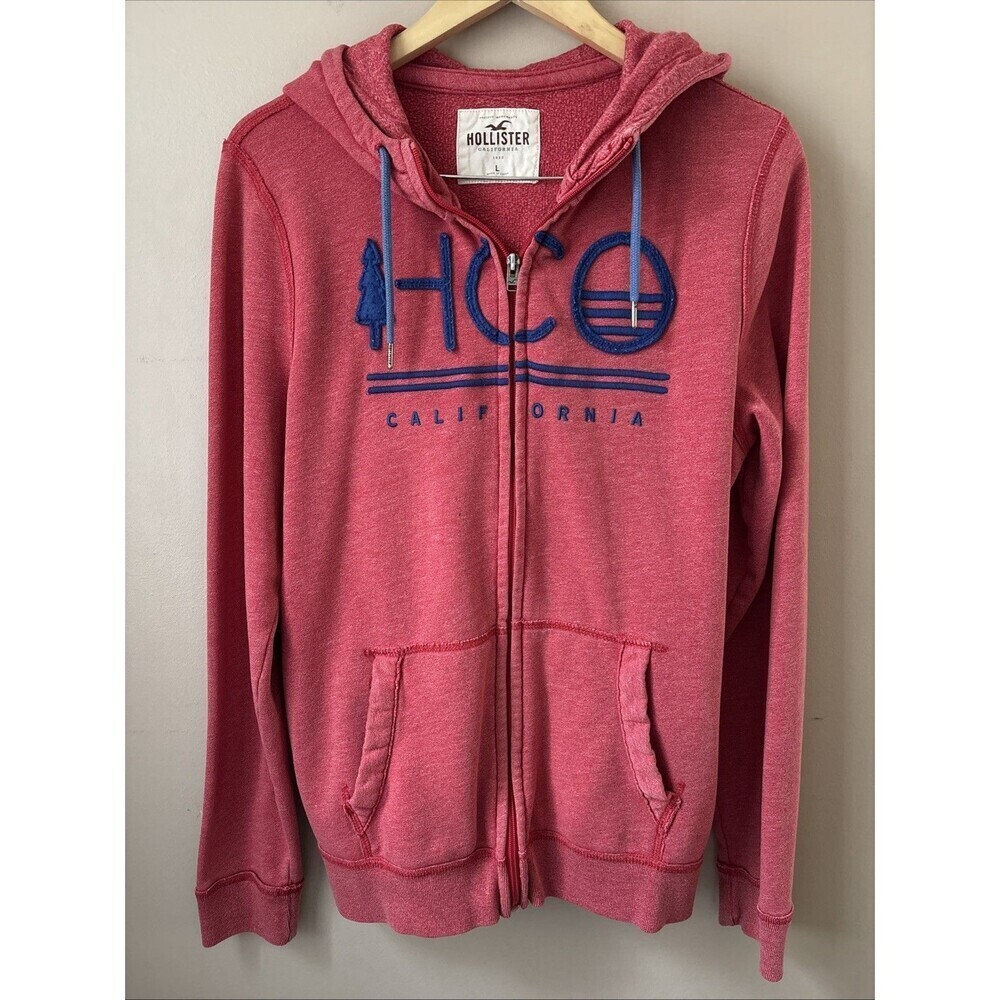 Hollister Men’s Red Blue Zip Up Hoodie Jacket Size Large Y2K Vintage Style